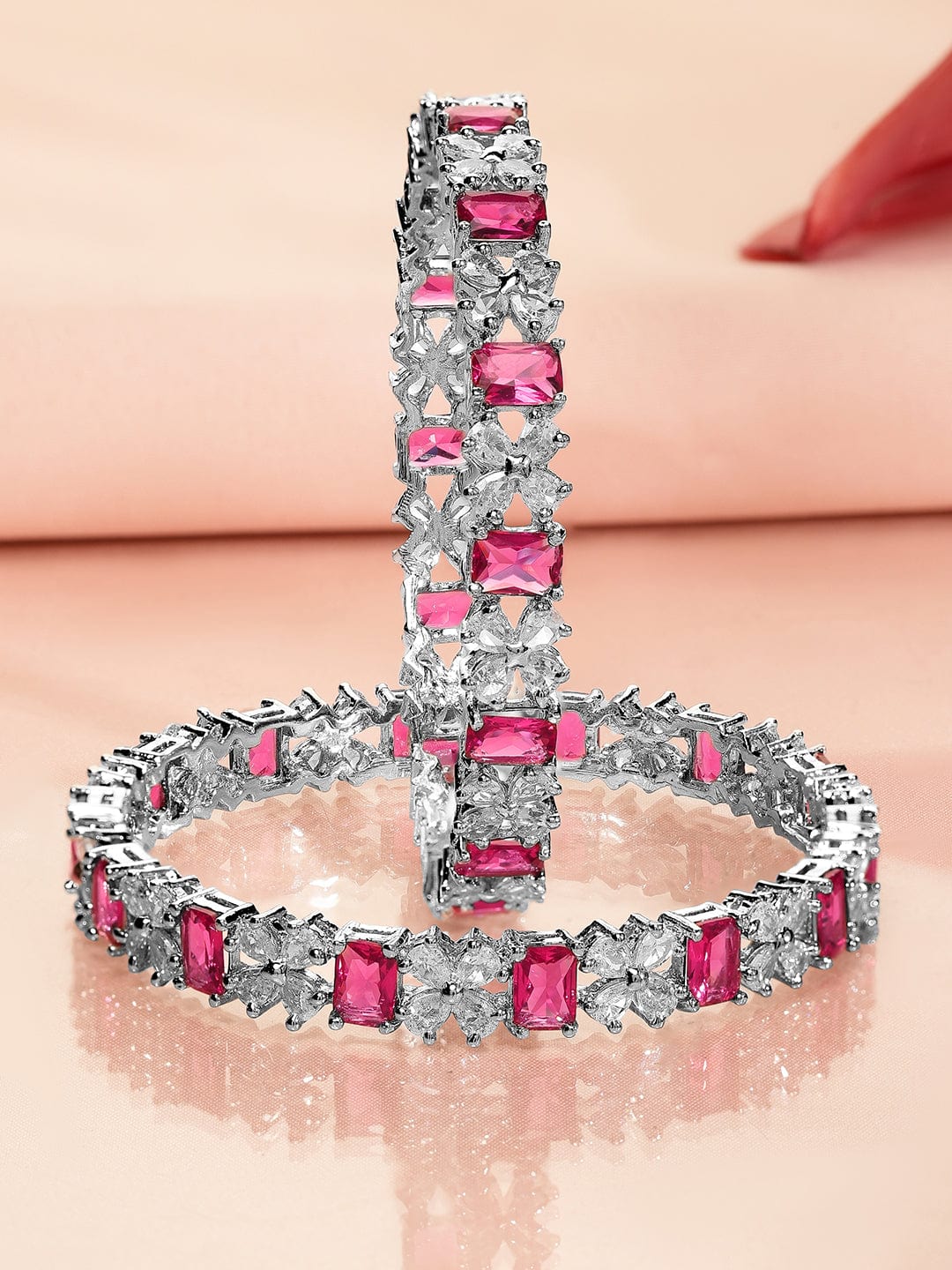 Rubans Set of 2 Rhodium-Plated Ruby Pink & White Cubic Zirconia Studded Floral Bangles 2.4 - Small