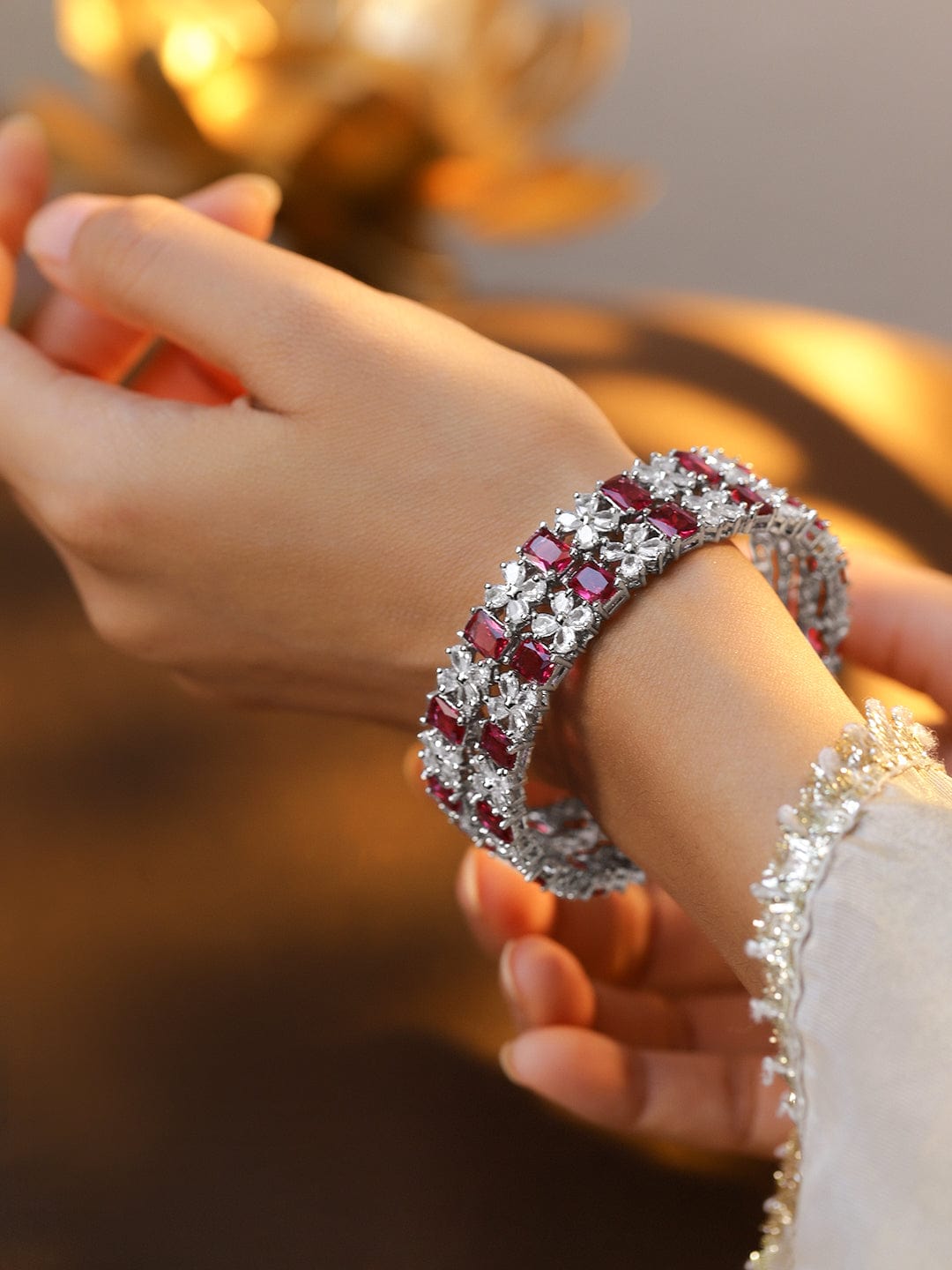 Rubans Set of 2 Rhodium-Plated Ruby Pink & White Cubic Zirconia Studded Floral Bangles 2.4 - Small
