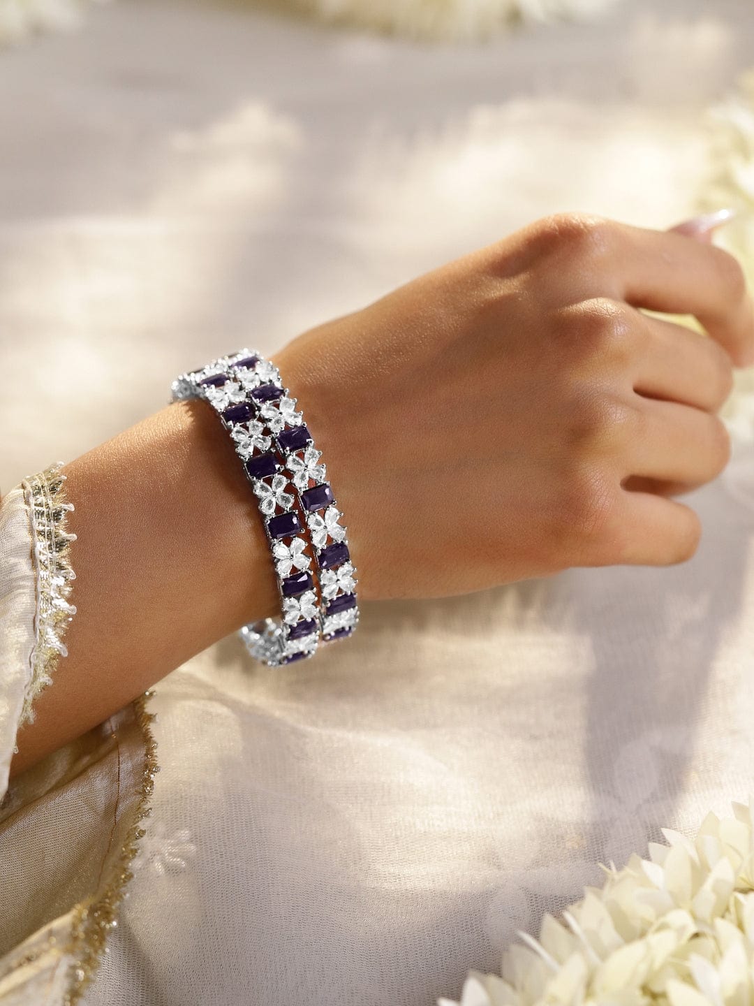 Rubans Set Of 2 Rhodium-Plated Sapphire & CZ Studded Bangles 45749