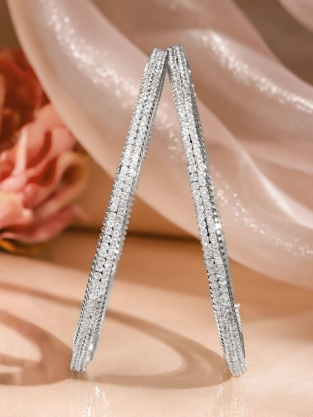 Rubans Set of 2, Rhodium-Plated Sparkling Cubic Zirconia Studded Premium Bangles 2.4 - Small