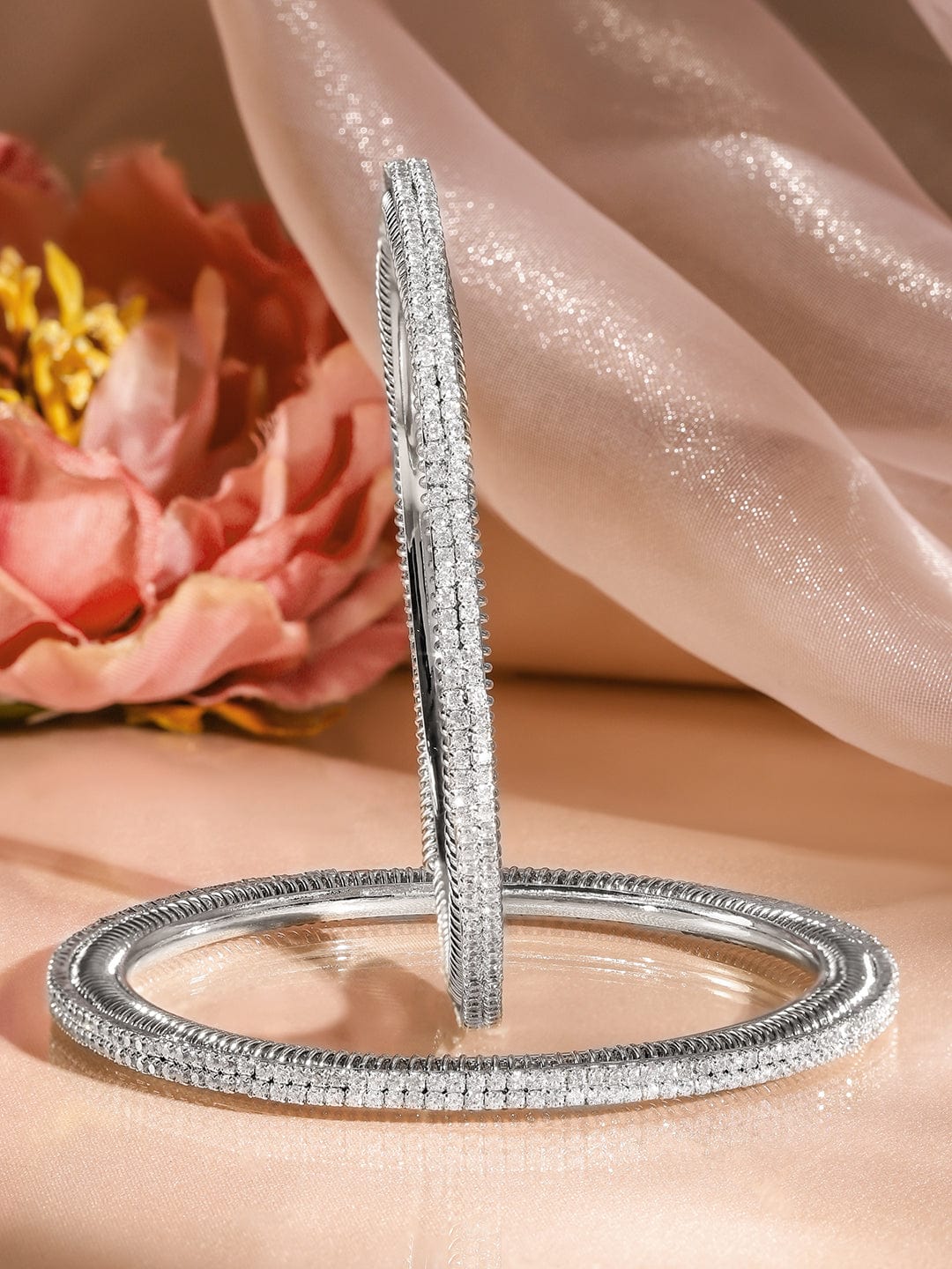 Rubans Set of 2, Rhodium-Plated Sparkling Cubic Zirconia Studded Premium Bangles 2.6 - Medium