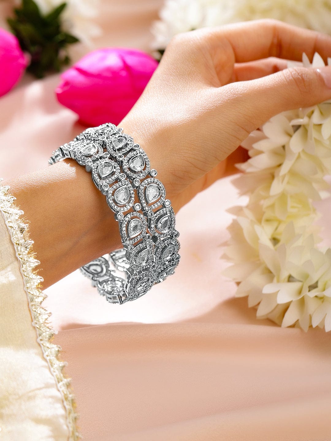 Rubans Set of 2 Rhodium-Plated Teardrop Cubic Zirconia Studded Handcrafted Premium Bangles for Women 2.6 - Medium