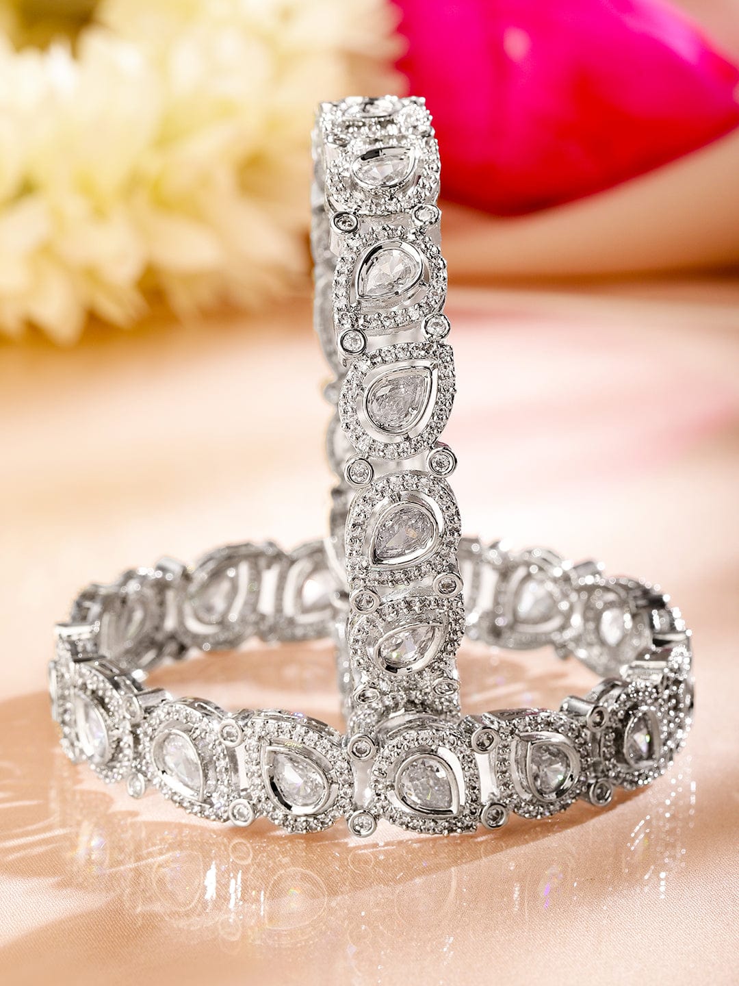 Rubans Set of 2 Rhodium-Plated Teardrop Cubic Zirconia Studded Handcrafted Premium Bangles for Women 2.6 - Medium