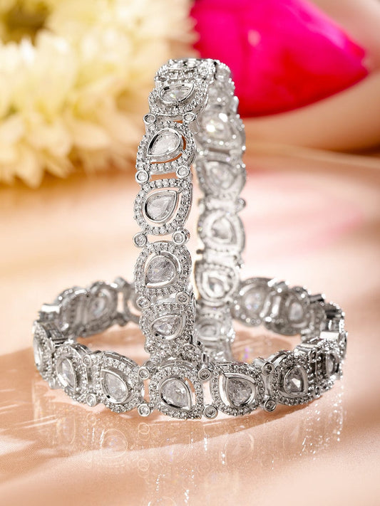 Rubans Set of 2 Rhodium-Plated Teardrop Cubic Zirconia Studded Handcrafted Premium Bangles for Women 2.6 - Medium