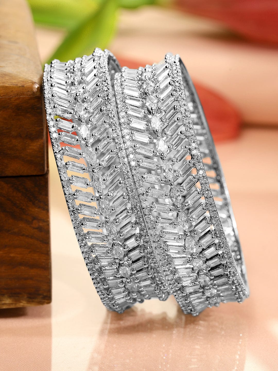 Rubans Set of 2 Rhodium-Plated White Cubic Zirconia Studded Leaf Design Premium Bangles 2.6 - Medium