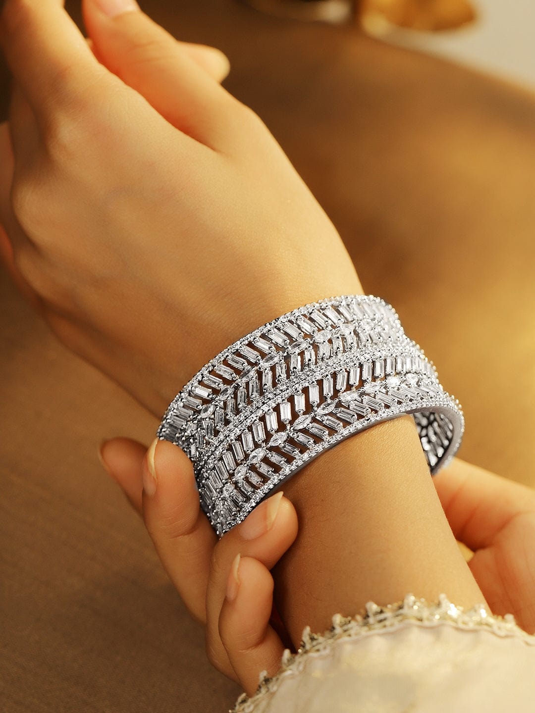 Rubans Set of 2 Rhodium-Plated White Cubic Zirconia Studded Leaf Design Premium Bangles 2.8 - Large