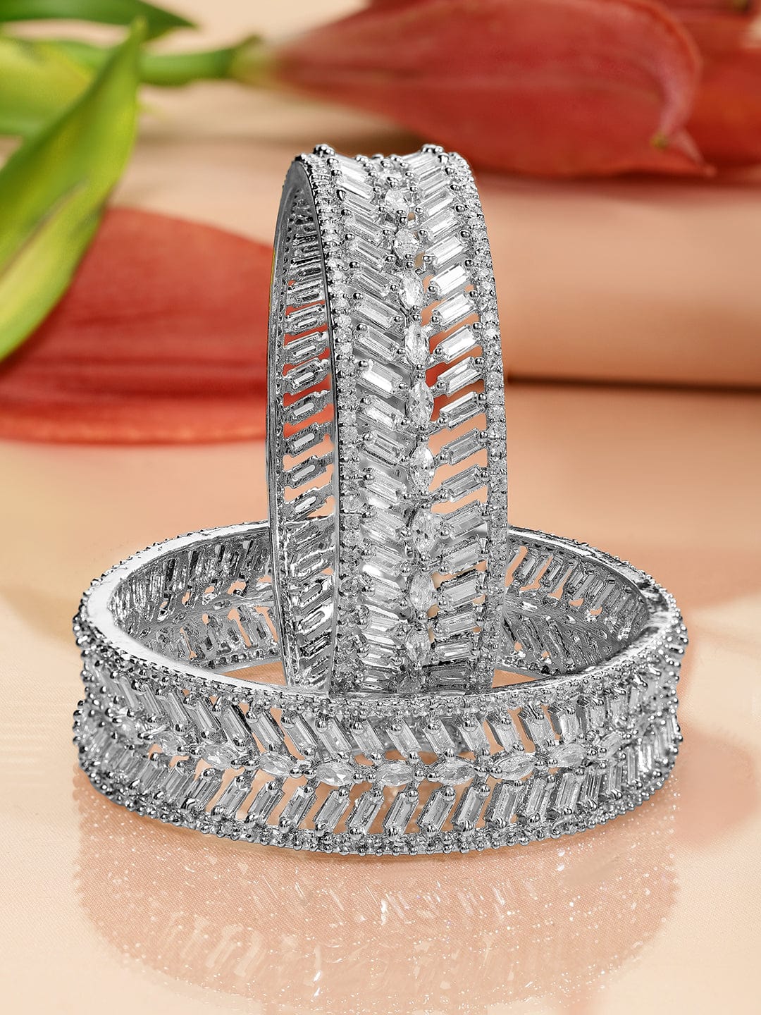 Rubans Set of 2 Rhodium-Plated White Cubic Zirconia Studded Leaf Design Premium Bangles 2.4 - Small