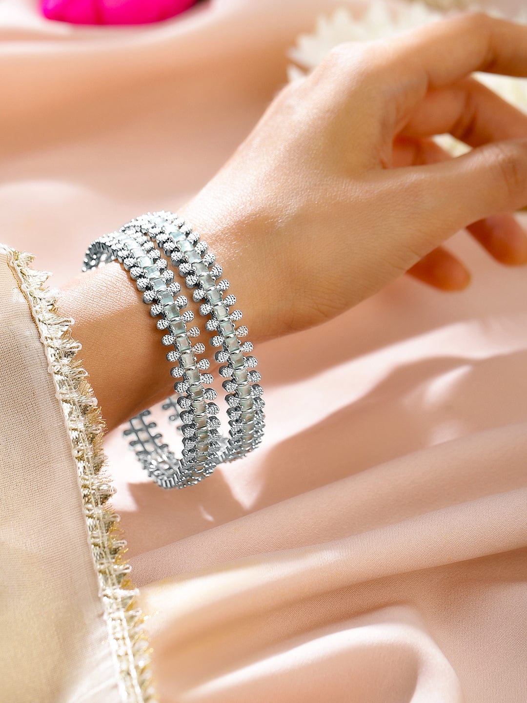 Rubans Set of 2 Rhodium-Plated White & Mint Green Cubic Zirconia Studded Handcrafted Luxe Bangles 2.6 - Medium
