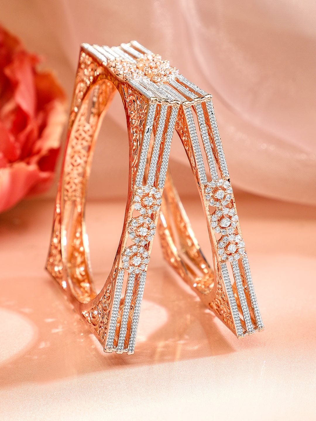 Rubans Set Of 2 Rose Gold-Plated Cubic Zirconia Stone Studded Handcrafted Bangle 2.6 - Medium