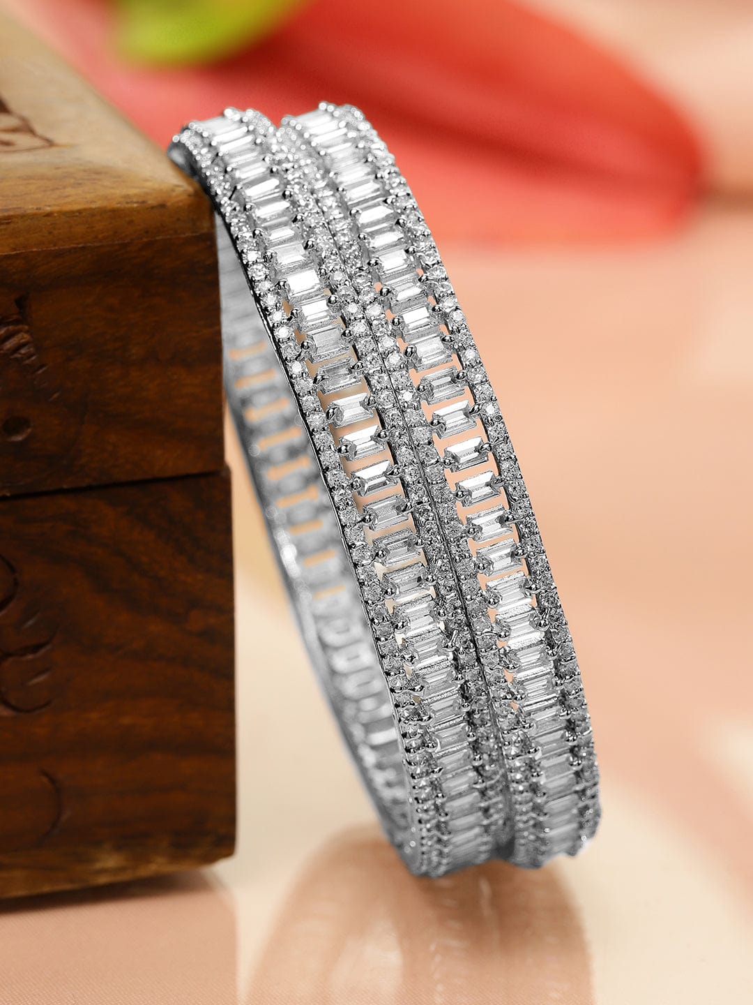 Rubans Set of 2 Silver-Plated AD & Cubic Zirconia Stone-Studded Premium Bangles 2.6 - Medium