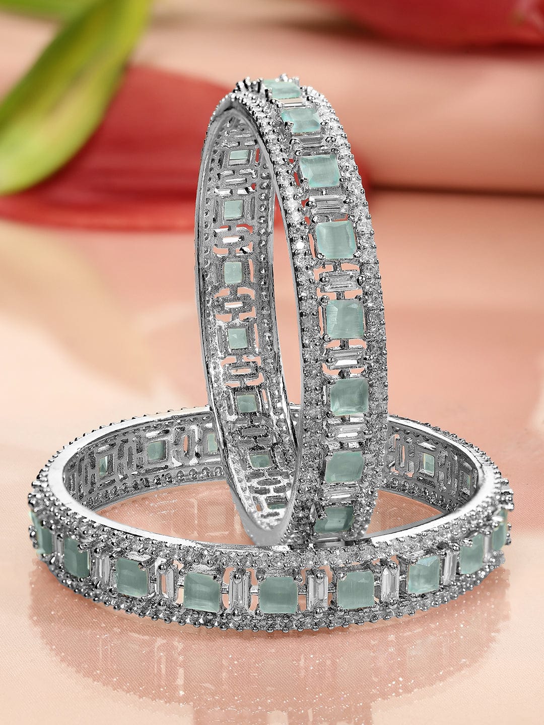 Rubans Set of 2 Silver-Plated Mint Green & White Cubic Zirconia Studded Premium Bangles 2.4 - Small