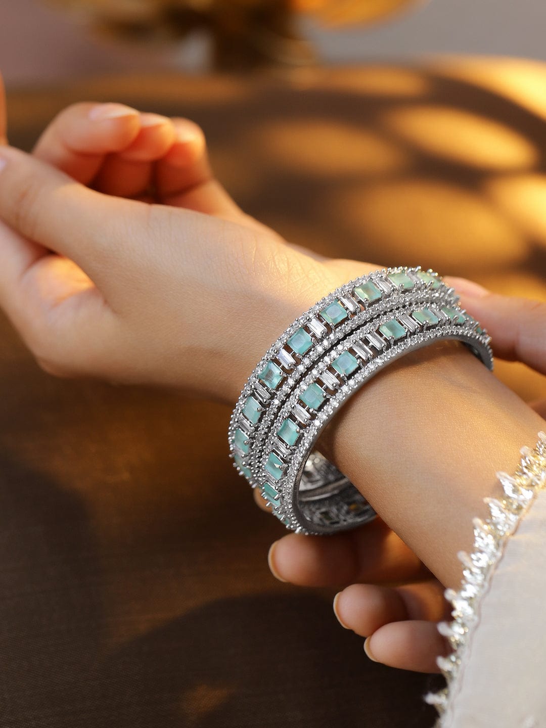 Rubans Set of 2 Silver-Plated Mint Green & White Cubic Zirconia Studded Premium Bangles 2.6 - Medium
