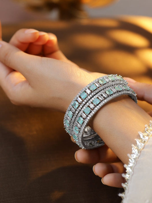 Rubans Set of 2 Silver-Plated Mint Green & White Cubic Zirconia Studded Premium Bangles 2.8 - Large