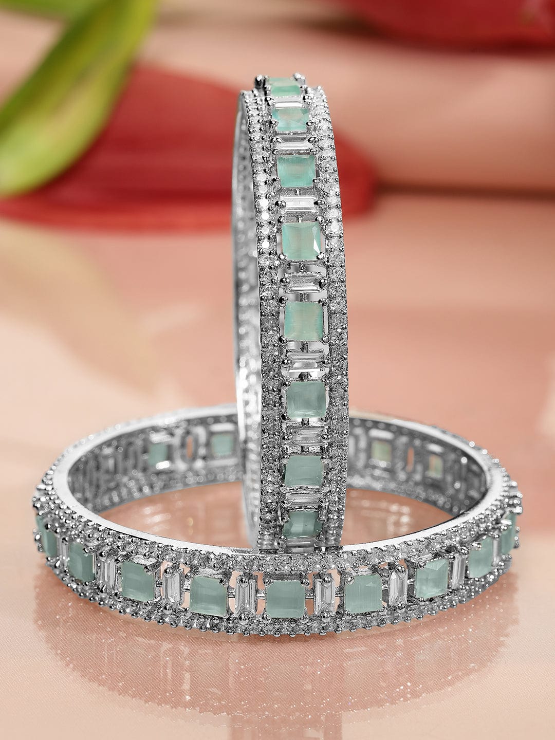 Rubans Set of 2 Silver-Plated Mint Green & White Cubic Zirconia Studded Premium Bangles 2.4 - Small