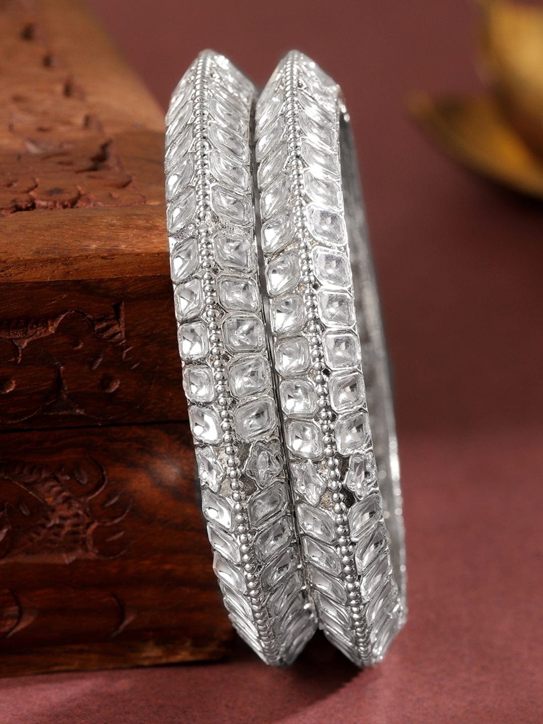 Rubans Set of 2 Silver-Plated White Kundan Studded Broad Traditional Bangles 2.8 - Large
