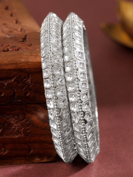Rubans Set of 2 Silver-Plated White Kundan Studded Broad Traditional Bangles 2.6 - Medium