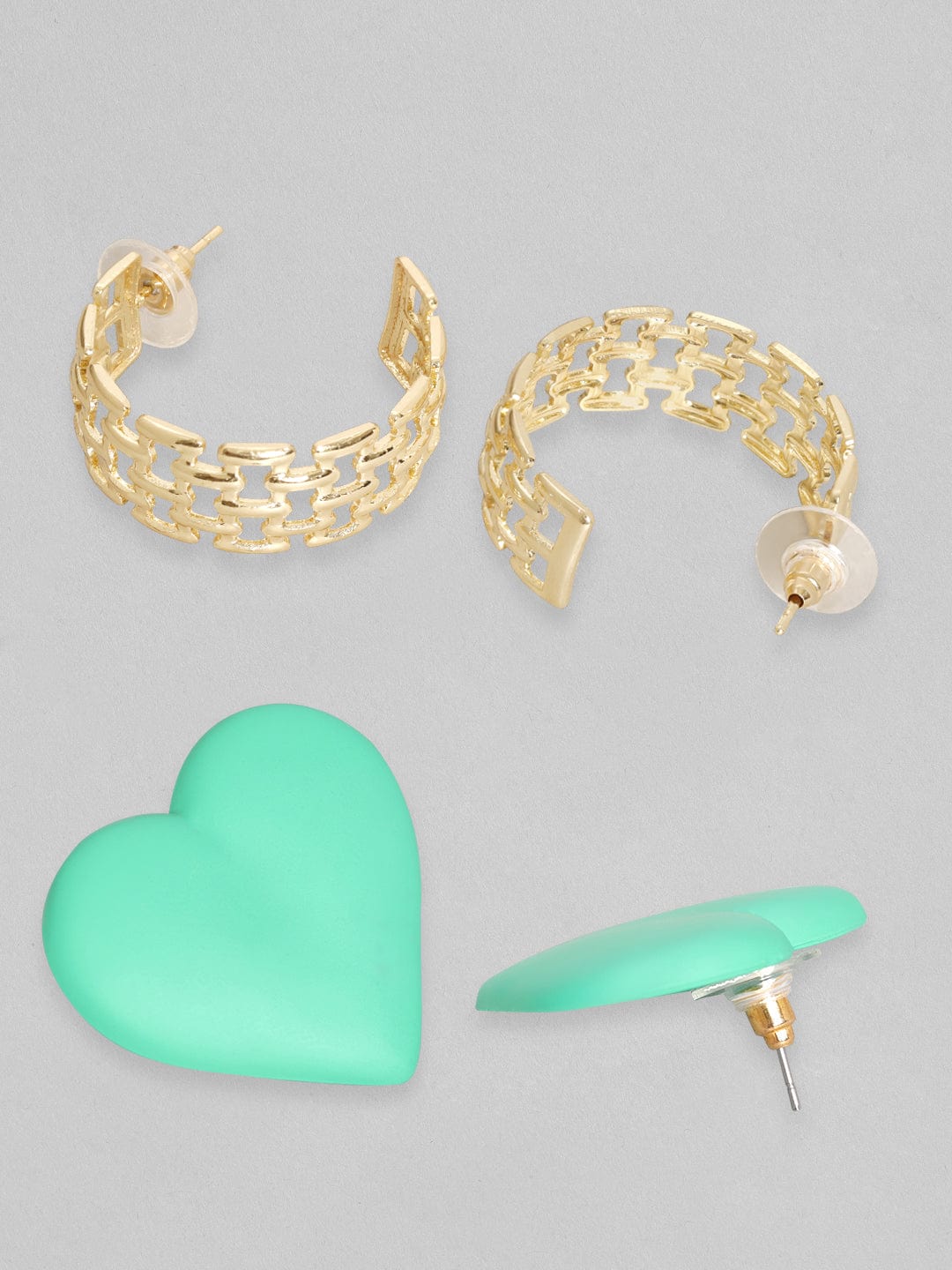 【Rubans】 Voguish Set Of 2, Textured Gold & Green Heart Earrings｜ヴォーギッシュ テクスチャードゴールド＆グリーンハート イヤリング 2組セット