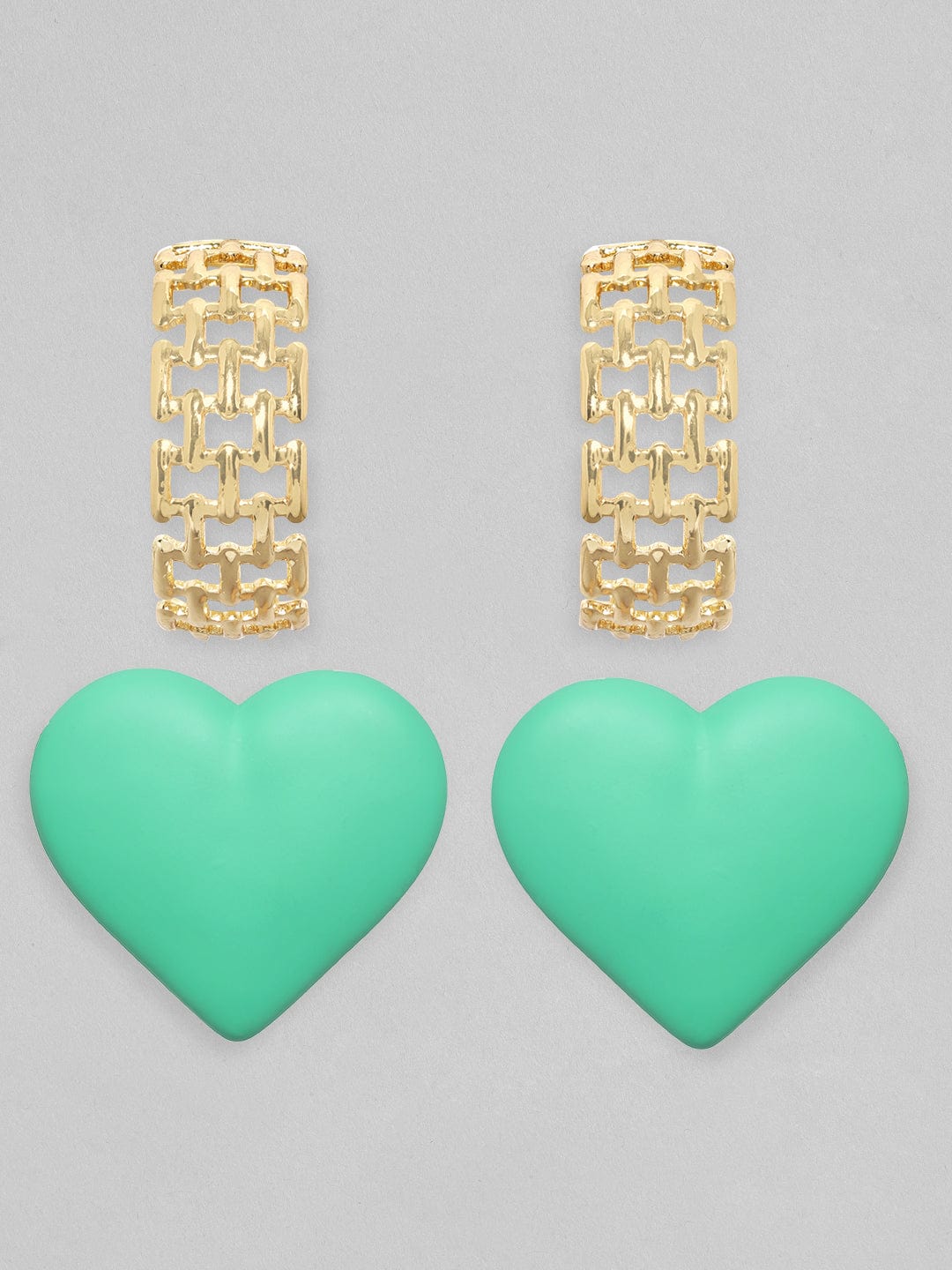 【Rubans】 Voguish Set Of 2, Textured Gold & Green Heart Earrings｜ヴォーギッシュ テクスチャードゴールド＆グリーンハート イヤリング 2組セット