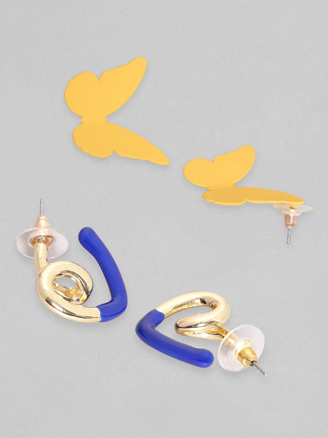 【Rubans】 Set Of 2, Yellow Butterfly Stud & Heart Shaped Blue Enamel Hoop Earrings｜イエローバタフライ スタッド＆ハート ブルーエナメル フープ イヤリング 2組セット