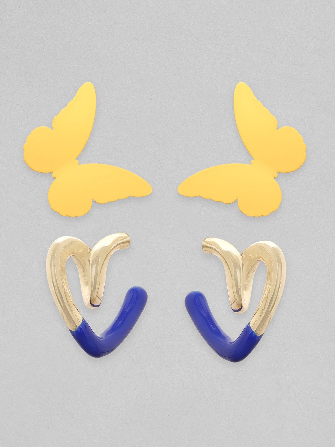 【Rubans】 Set Of 2, Yellow Butterfly Stud & Heart Shaped Blue Enamel Hoop Earrings｜イエローバタフライ スタッド＆ハート ブルーエナメル フープ イヤリング 2組セット