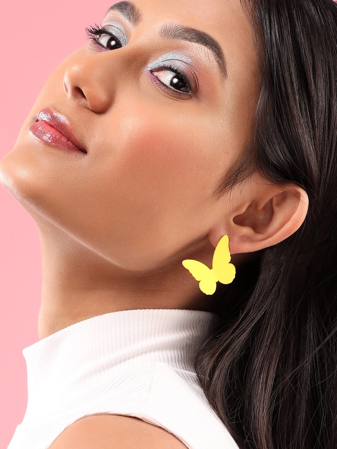 【Rubans】 Set Of 2, Yellow Butterfly Stud & Heart Shaped Blue Enamel Hoop Earrings｜イエローバタフライ スタッド＆ハート ブルーエナメル フープ イヤリング 2組セット