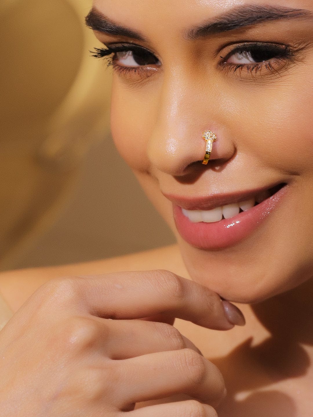 Rubans Set of 3 18K Gold-Plated Adjustable Nose Pins with Cubic Zirconia Detailing フリーサイズ