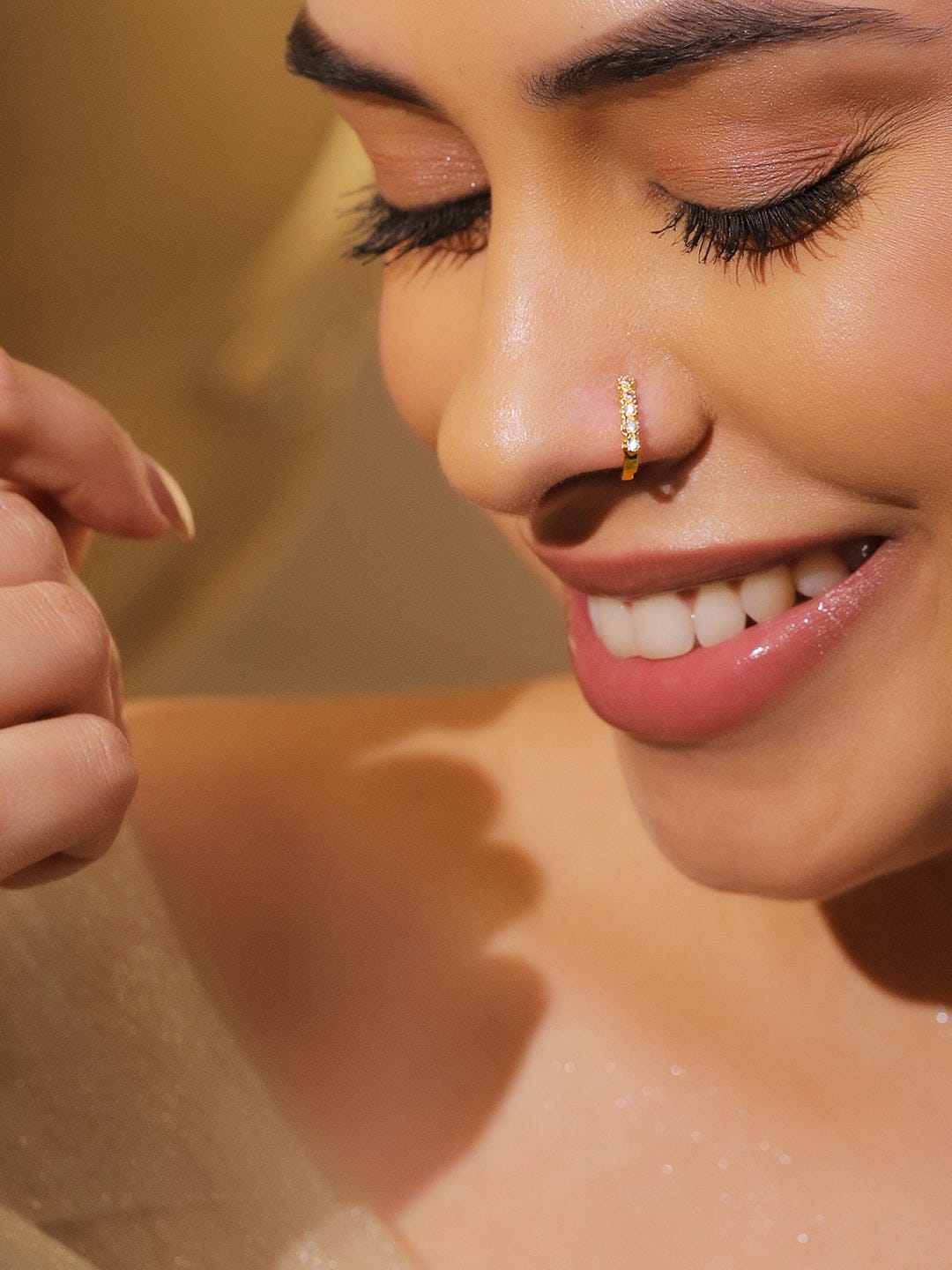 Rubans Set of 3 18K Gold-Plated Adjustable Nose Pins with Cubic Zirconia Detailing フリーサイズ