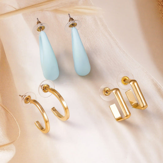 【Rubans】 Set of 3 Earrings with Gold Plated Hoops, Blue Teardrop, and Geometric Design｜ゴールドメッキ フープ・ブルーティアドロップ・ジオメトリック イヤリング 3組セット