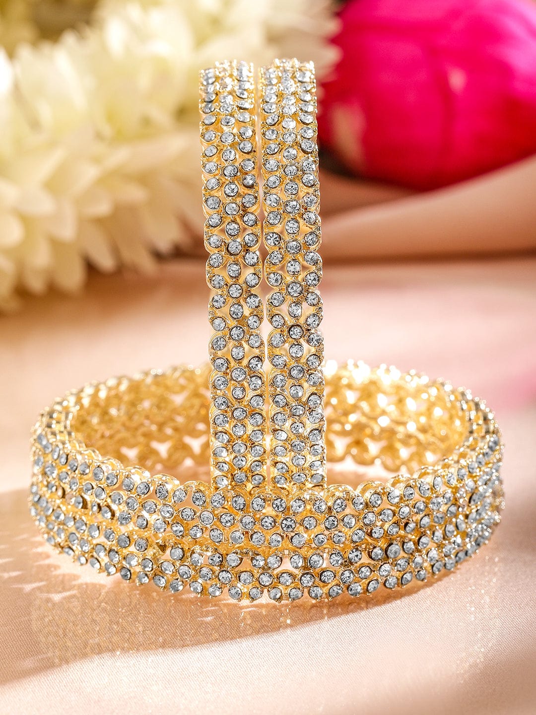 Rubans Set of 4 18K Gold-Plated Dazzling AD Studded Handcrafted Premium Bangles for Women 2.10 - Extra Large