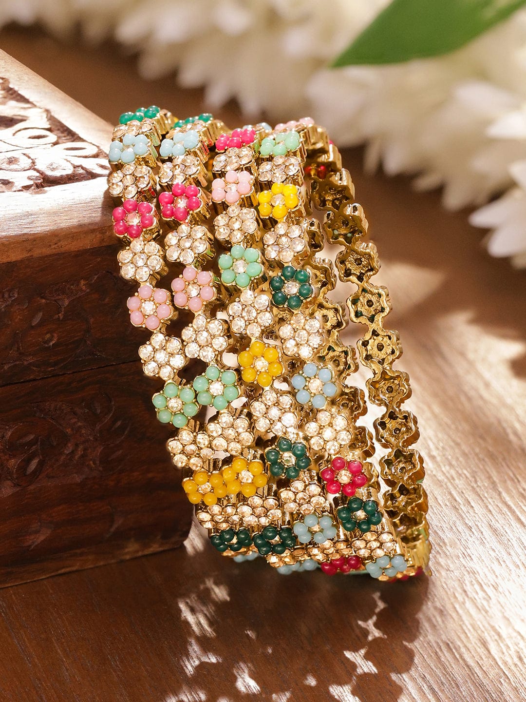 Multicolor Floral Beaded Gold Bangles Set Of 4 2.4 - Small
