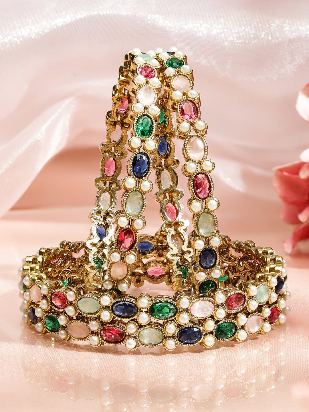 Rubans Set of 4 18K Gold-Plated Multicolor Zirconia & Pearl Beaded Designer Bangles 2.6 - Medium