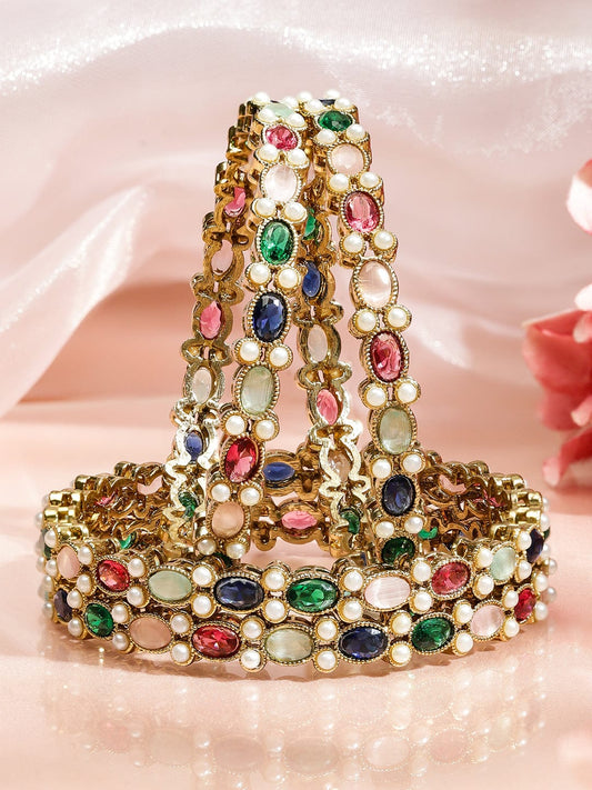 Rubans Set of 4 18K Gold-Plated Multicolor Zirconia & Pearl Beaded Designer Bangles 2.6 - Medium