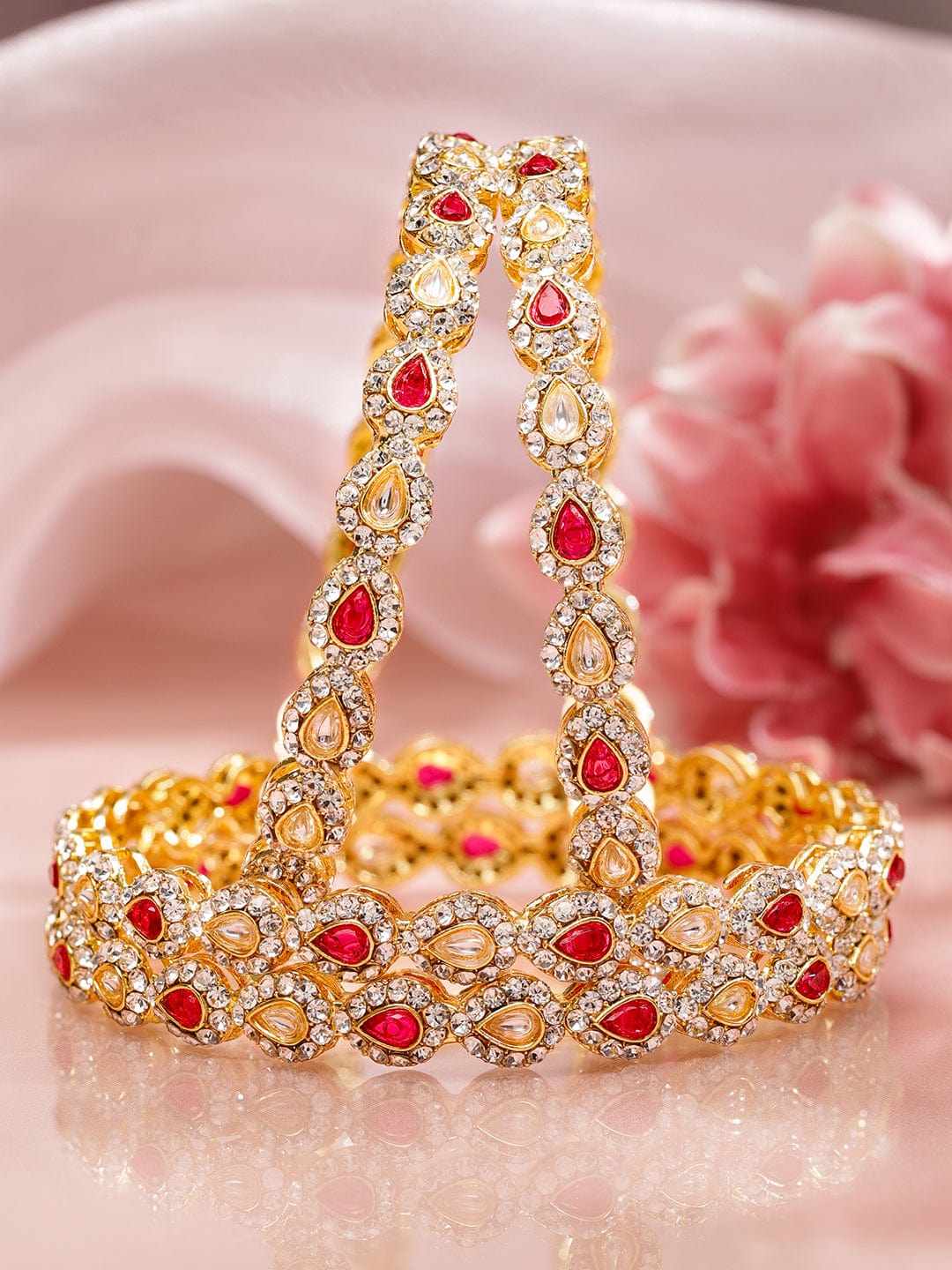 Rubans Set of 4 18K Mehandi Gold-Plated Ruby Pink & White Kundan Studded Designer Bangles 2.4 - Small