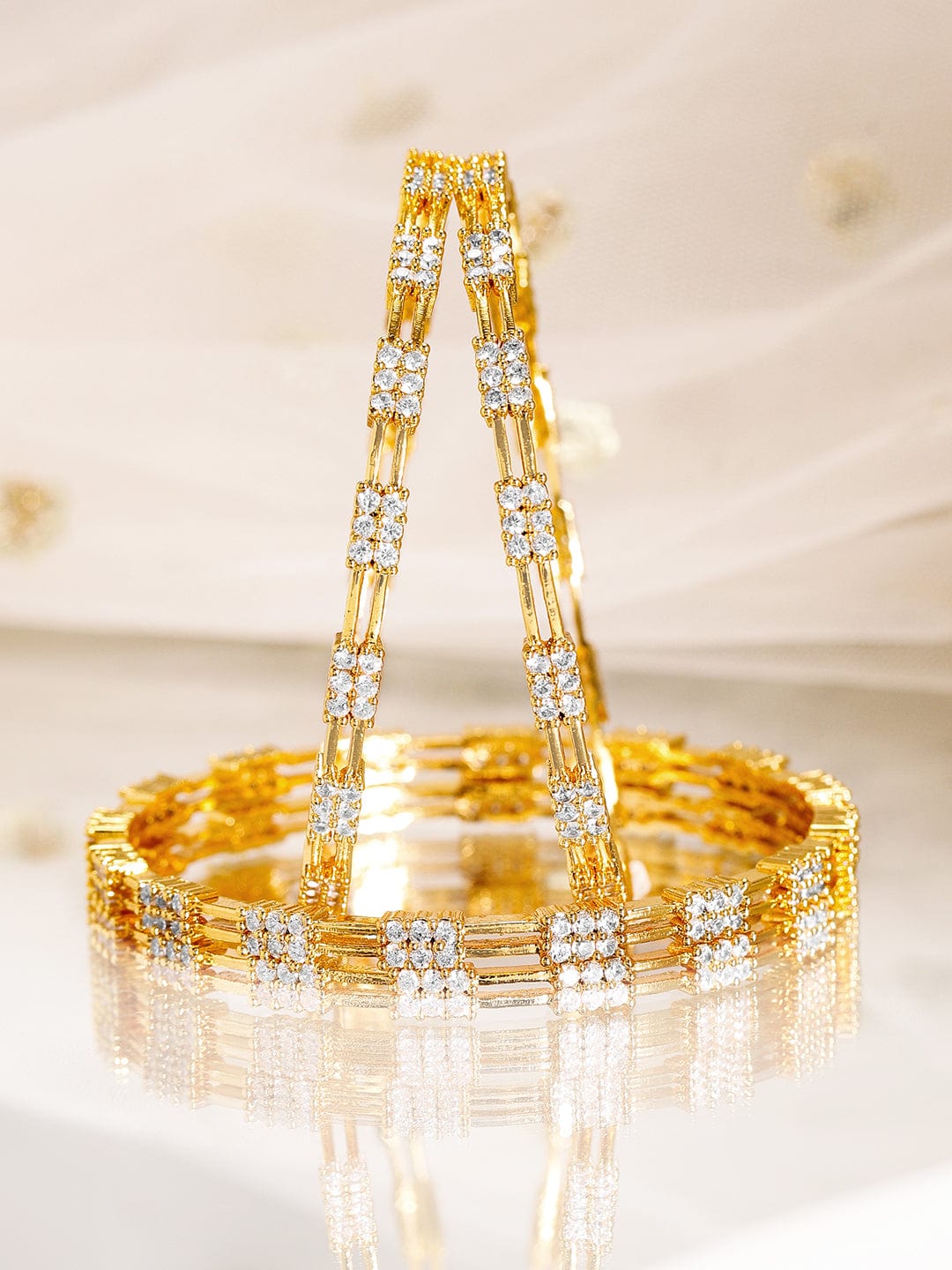 Rubans Set of 4, 22K Gold-Plated & Cubic Zirconia Studded Handcrafted Bangles 2.8 - Large