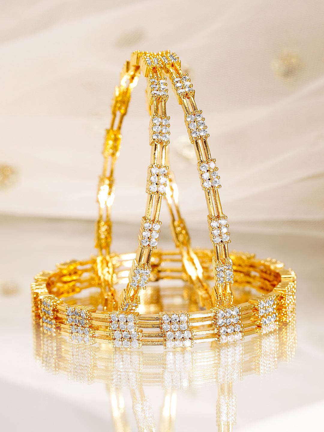 Rubans Set of 4, 22K Gold-Plated & Cubic Zirconia Studded Handcrafted Bangles 2.4 - Small