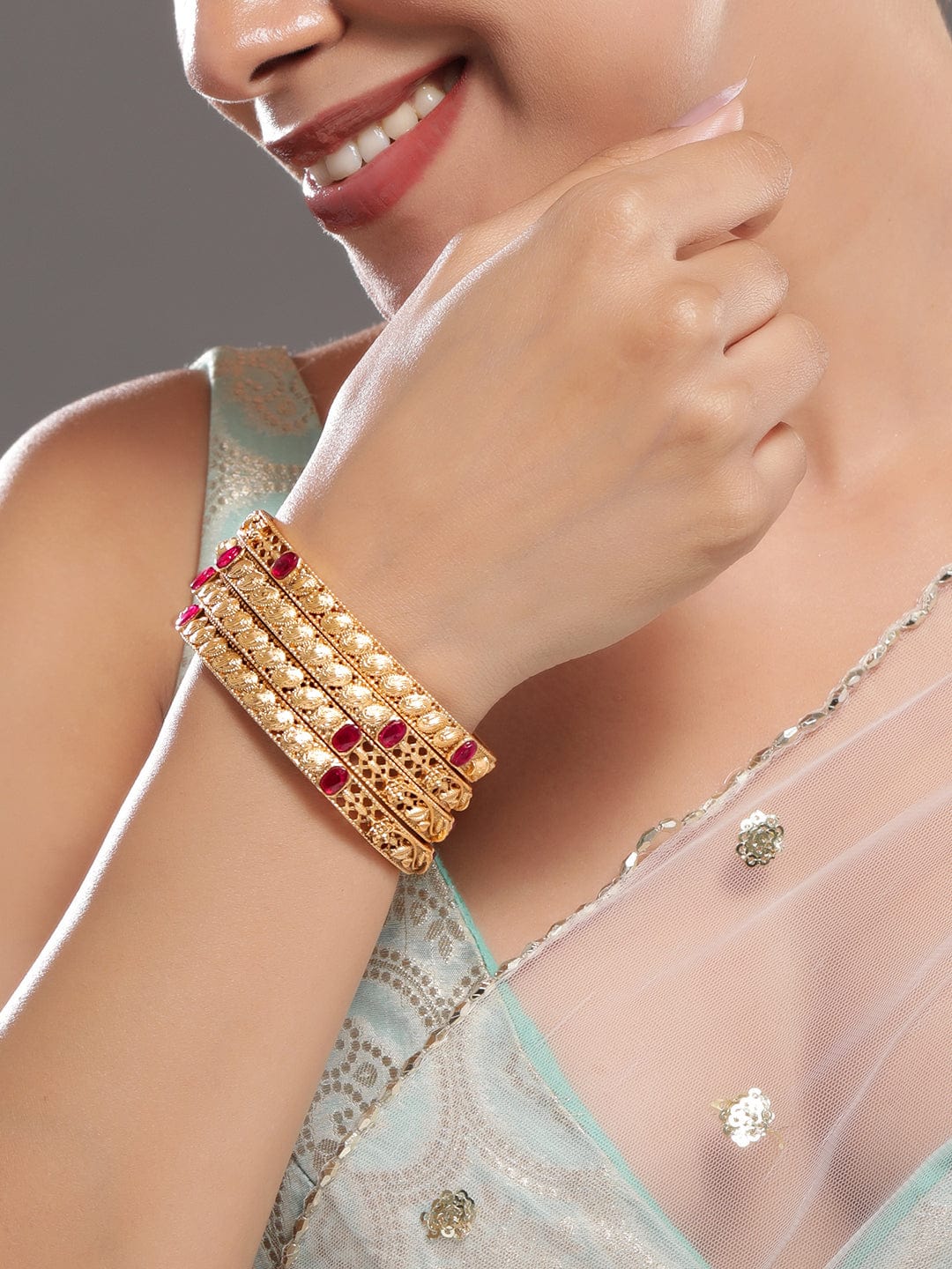 Rubans Set of 4, 22K Gold-Plated Ruby Pink Stone Studded Filigree Traditional Bangles 2.4 - Small