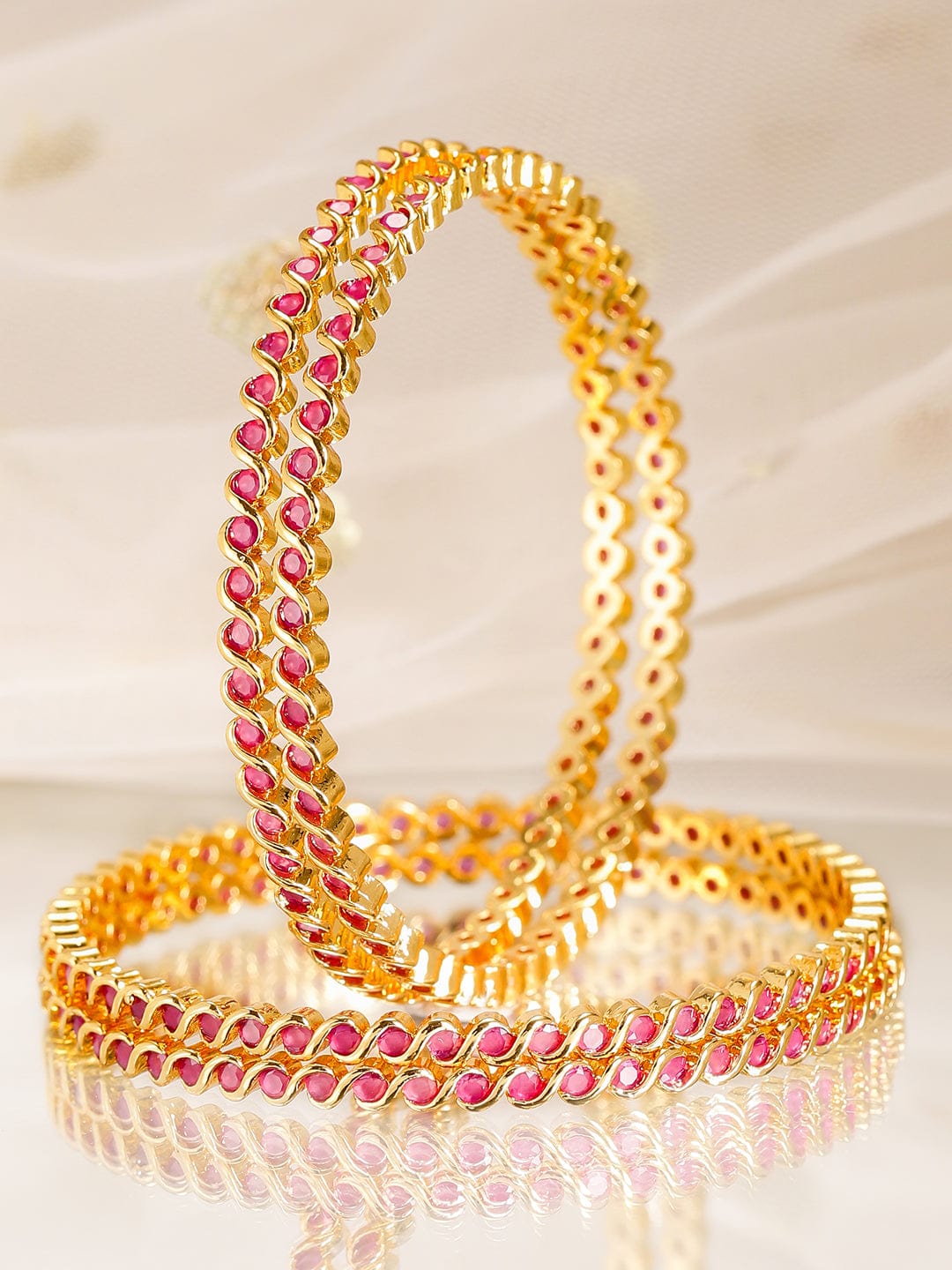 Rubans Set of 4, 22K Gold-Plated Ruby Pink Stone Studded Handcrafted Bangles 2.8 - Large
