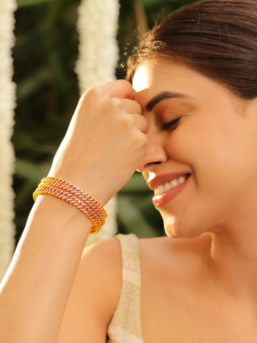Rubans Set of 4, 22K Gold-Plated Ruby Pink Stone Studded Handcrafted Bangles 2.8 - Large
