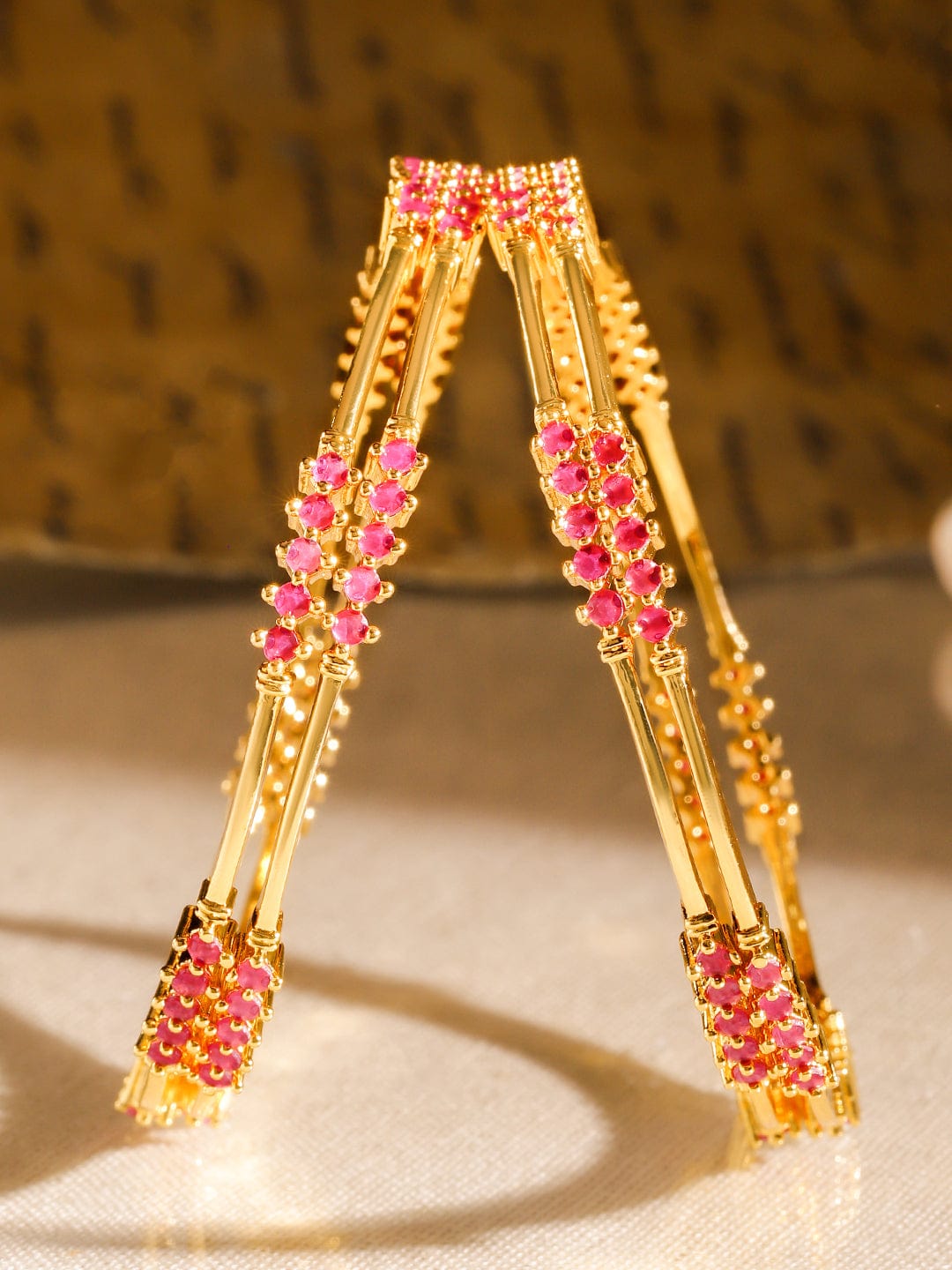 Rubans Set of 4, 22K Gold-Plated Ruby Pink Stone Studded Handcrafted Classic Bangles 45749