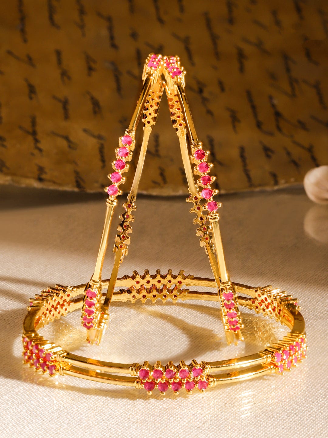 Rubans Set of 4, 22K Gold-Plated Ruby Pink Stone Studded Handcrafted Classic Bangles 45871