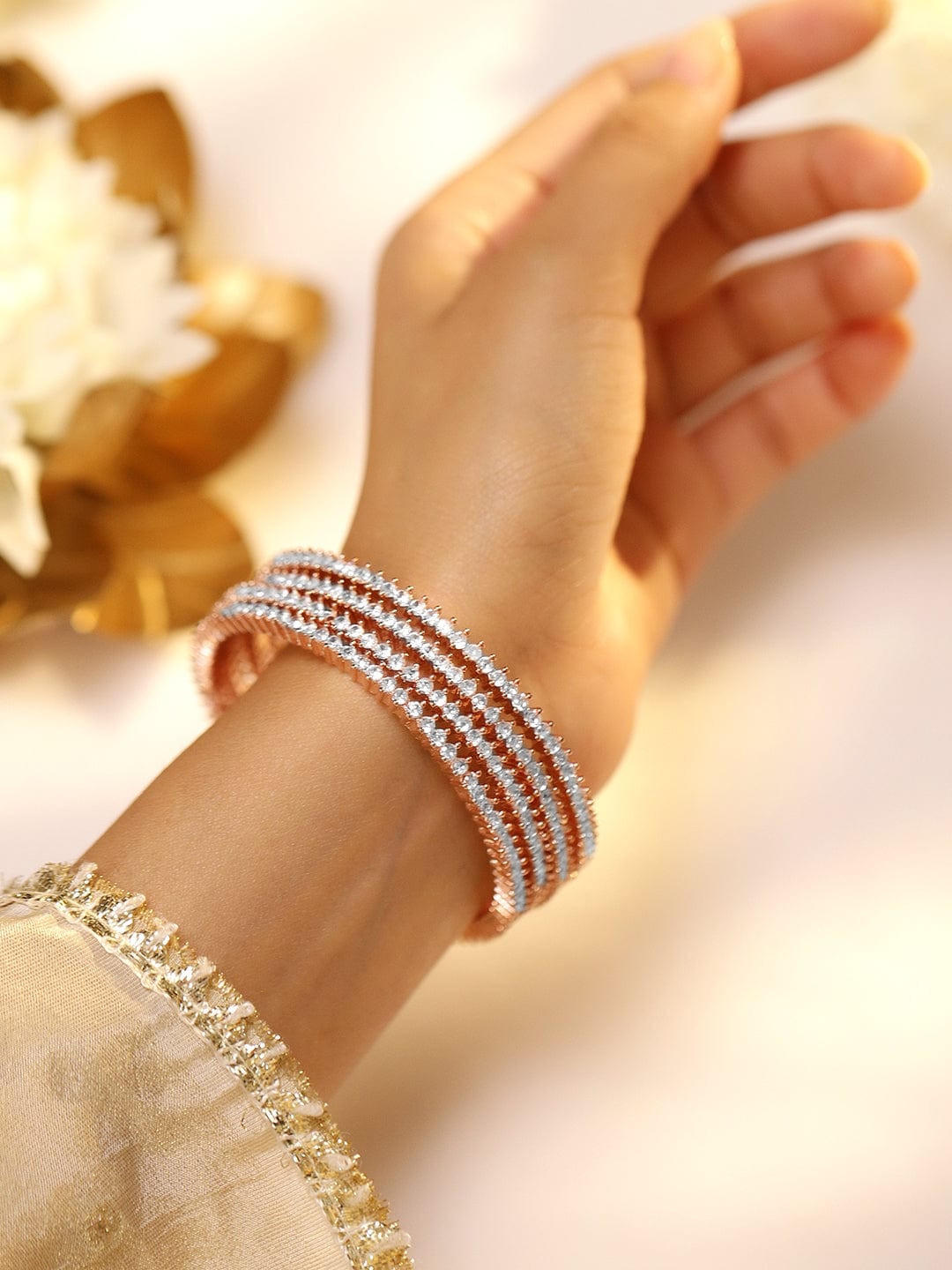Rubans Set of 4 22K Rose Gold Plated Cubic Zirconia Stone Studded Classics Bangles 2.6 - Medium