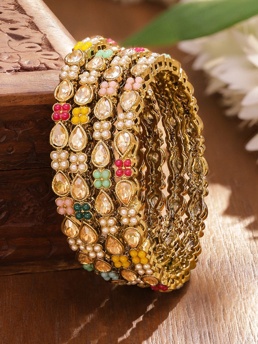 Gold Toned Multicolor Kundan Bangles Set Of 4 2.4 - Small