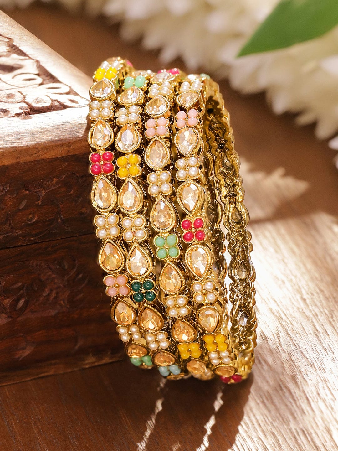 Gold Toned Multicolor Kundan Bangles Set Of 4 2.4 - Small
