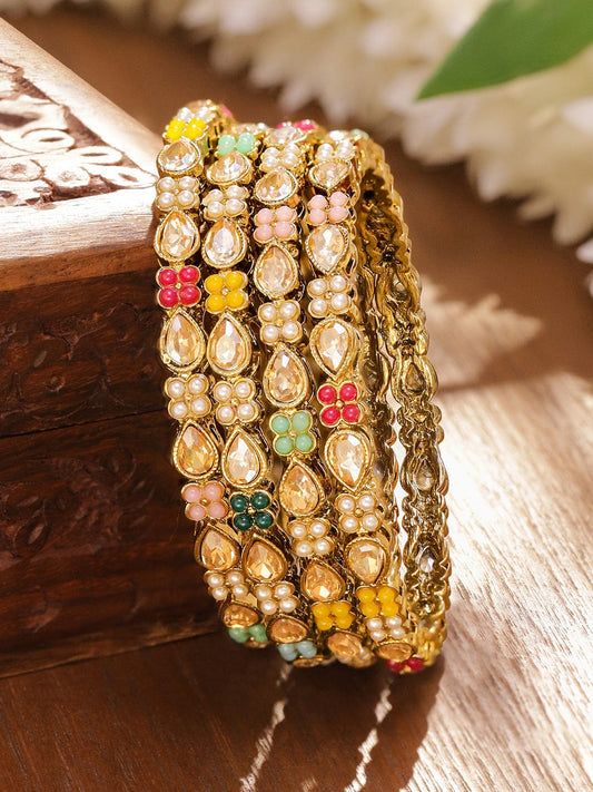Gold Toned Multicolor Kundan Bangles Set Of 4 2.4 - Small