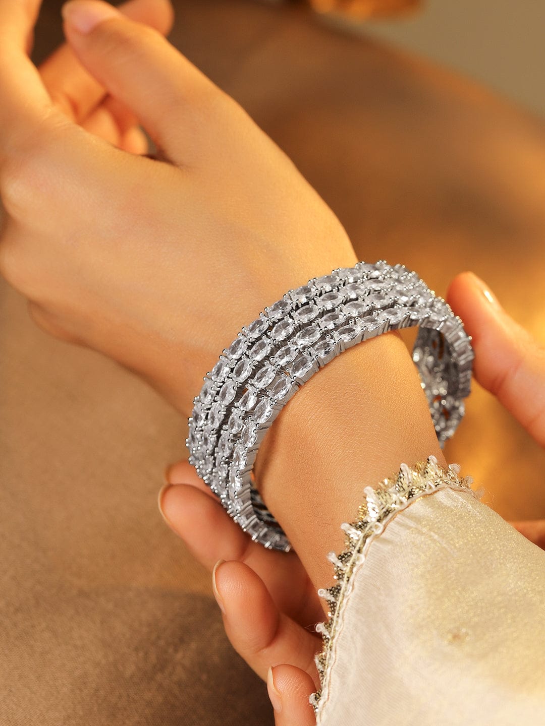 Rubans Set Of 4 Rhodium-Plated Crystal AD & Cubic Zirconia Stone Studded Premium Bangles 2.4 - Small