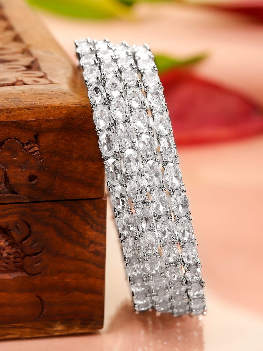 Rubans Set Of 4 Rhodium-Plated Crystal AD & Cubic Zirconia Stone Studded Premium Bangles 2.4 - Small