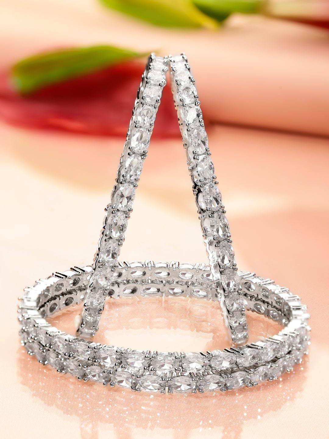 Rubans Set Of 4 Rhodium-Plated Crystal AD & Cubic Zirconia Stone Studded Premium Bangles 2.4 - Small