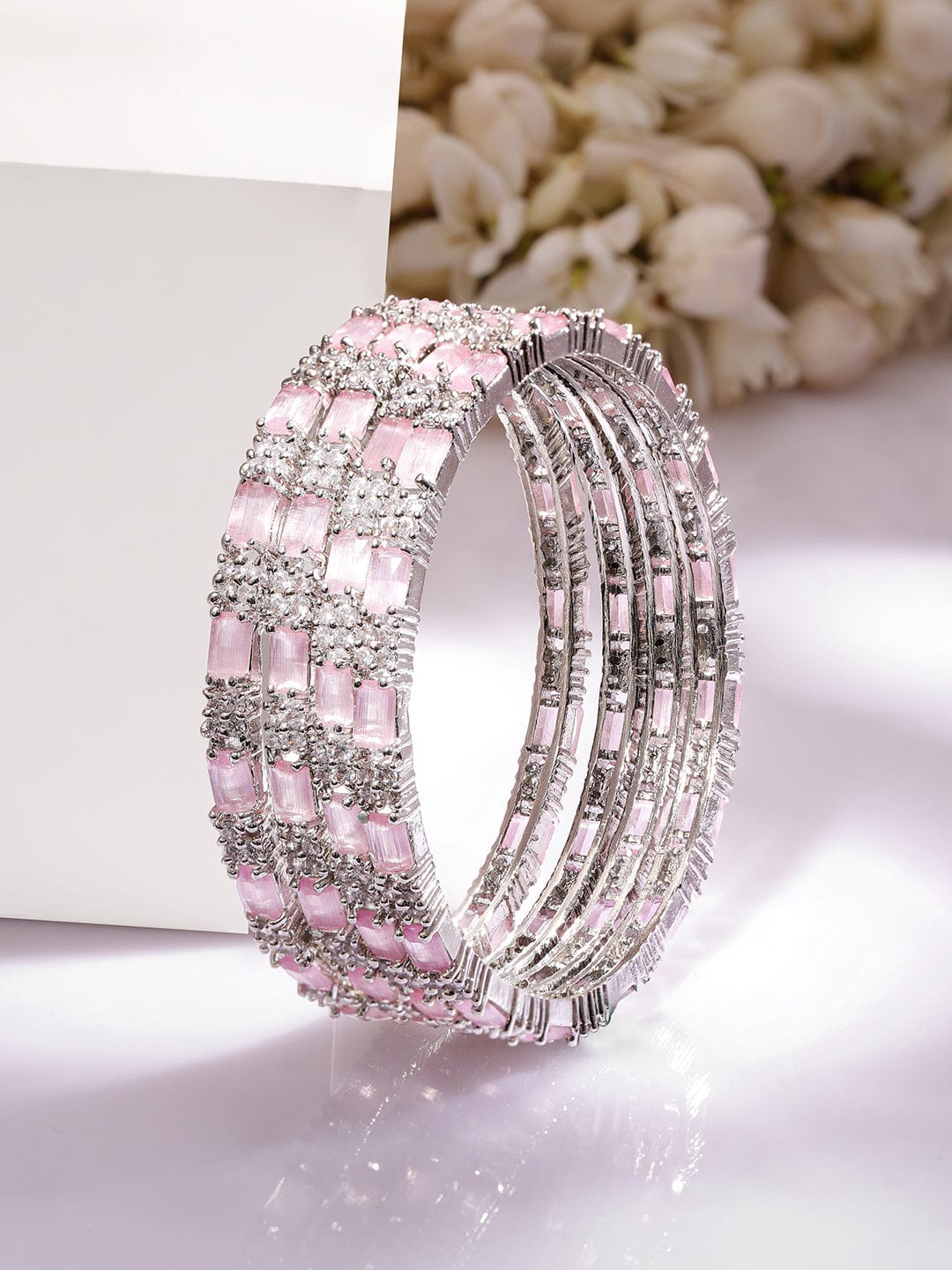 Rubans Set of 4 Rhodium Plated Crystal Pink & White Cubic Zirconia Studded Premium Bangles 2.4 - Small