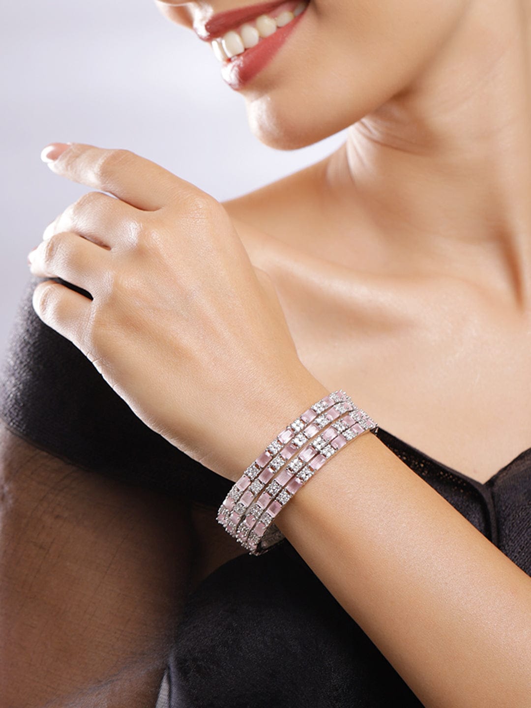 Rubans Set of 4 Rhodium Plated Crystal Pink & White Cubic Zirconia Studded Premium Bangles 2.4 - Small