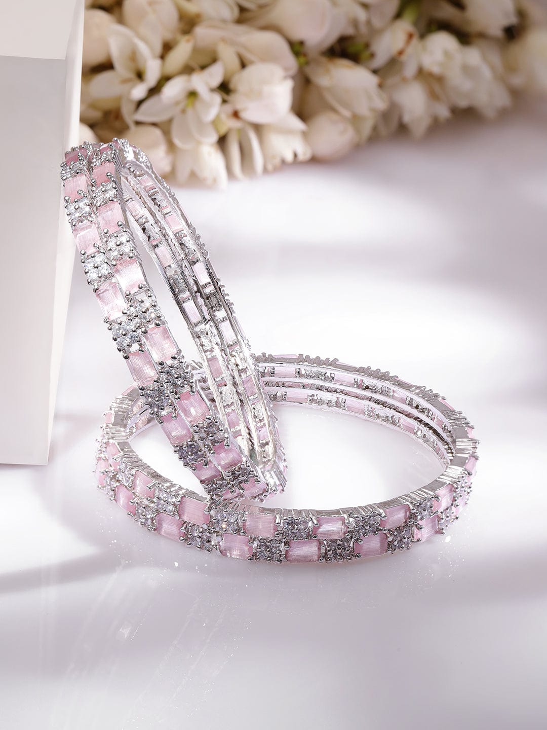 Rubans Set of 4 Rhodium Plated Crystal Pink & White Cubic Zirconia Studded Premium Bangles 2.6 - Medium